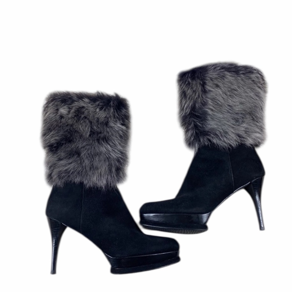 Stuart Weitzman Black Suede Ankle Boots with Gray Faux Fur Cuff